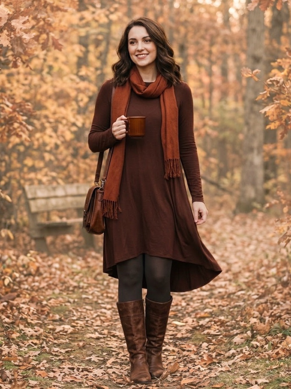 Mythfaye Brown Long Sleeve Flowy Swing Dress Small